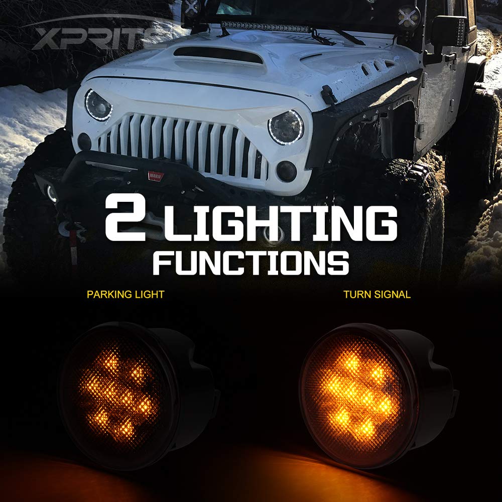 Xprite Amber Smoke Lens Led Turn Signal Lights Assembly With Parking Funtion Compatible With 2007-2018 Jeep Wrangler Jk & Wrangl