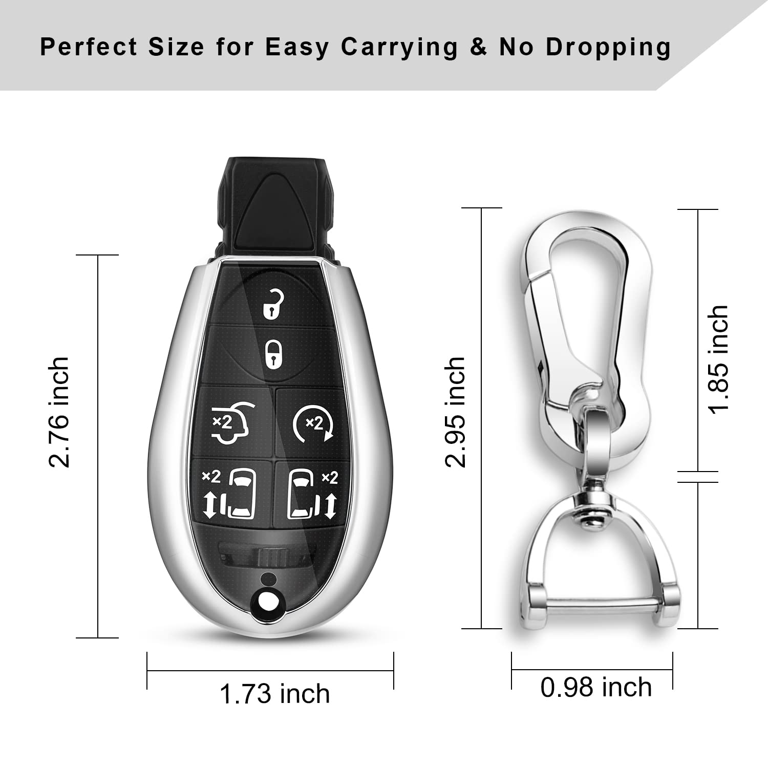 QBUC Dodge Key Fob Cover - TPU Case with Keychain, Universal Size, Silver - Compatible with 2008-2018 Dodge Ram, Jeep, Chrysler