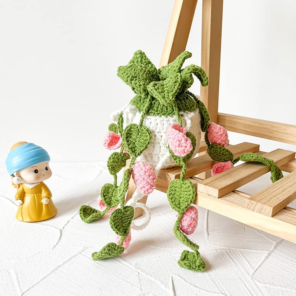 Crochet Hanging Plant for Car, Cute Car Plant Accessories, Knitted Plant Car Mirror Hanger, Boho Car Plant Crochet Hanging Baske