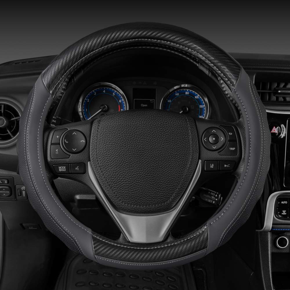 Motor Trend Ultrasport Gray Carbon Fiber Steering Wheel Cover, Standard 15 Inch Size, Black Faux Leather Comfort Grip, Car Steer