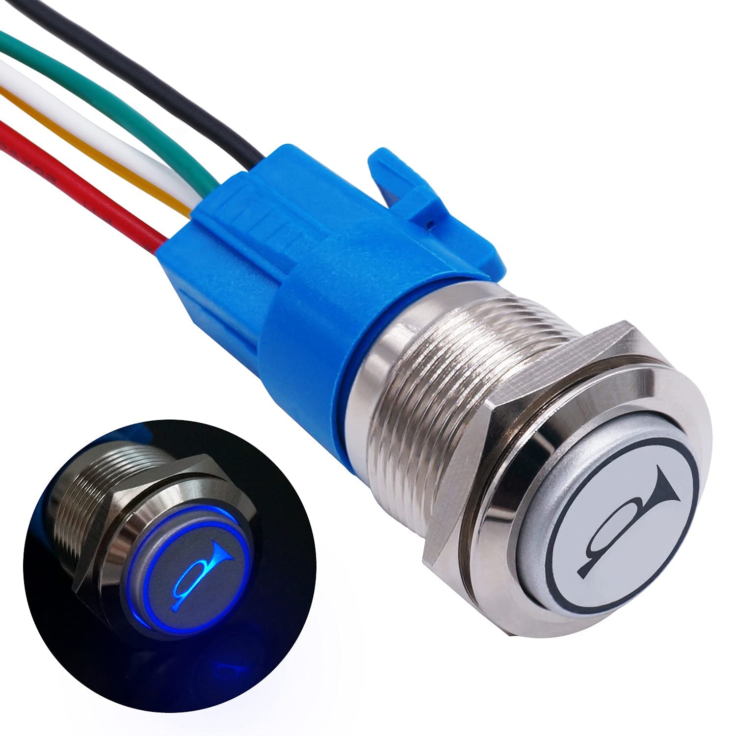 Twtade/16Mm 12V Car Horn Push Button Blue Led Lighted Momentary Metal Speaker Air Horn Toggle Switch With Wires Horng16-Bu