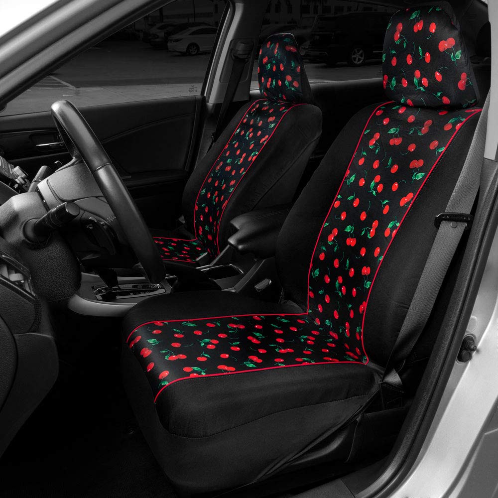 BDK Red Cherry Car Seat Covers - Front Seats, 2 Pack, Polyester, Sideless Design, Fits Most Cars, Model SC54FLORAL