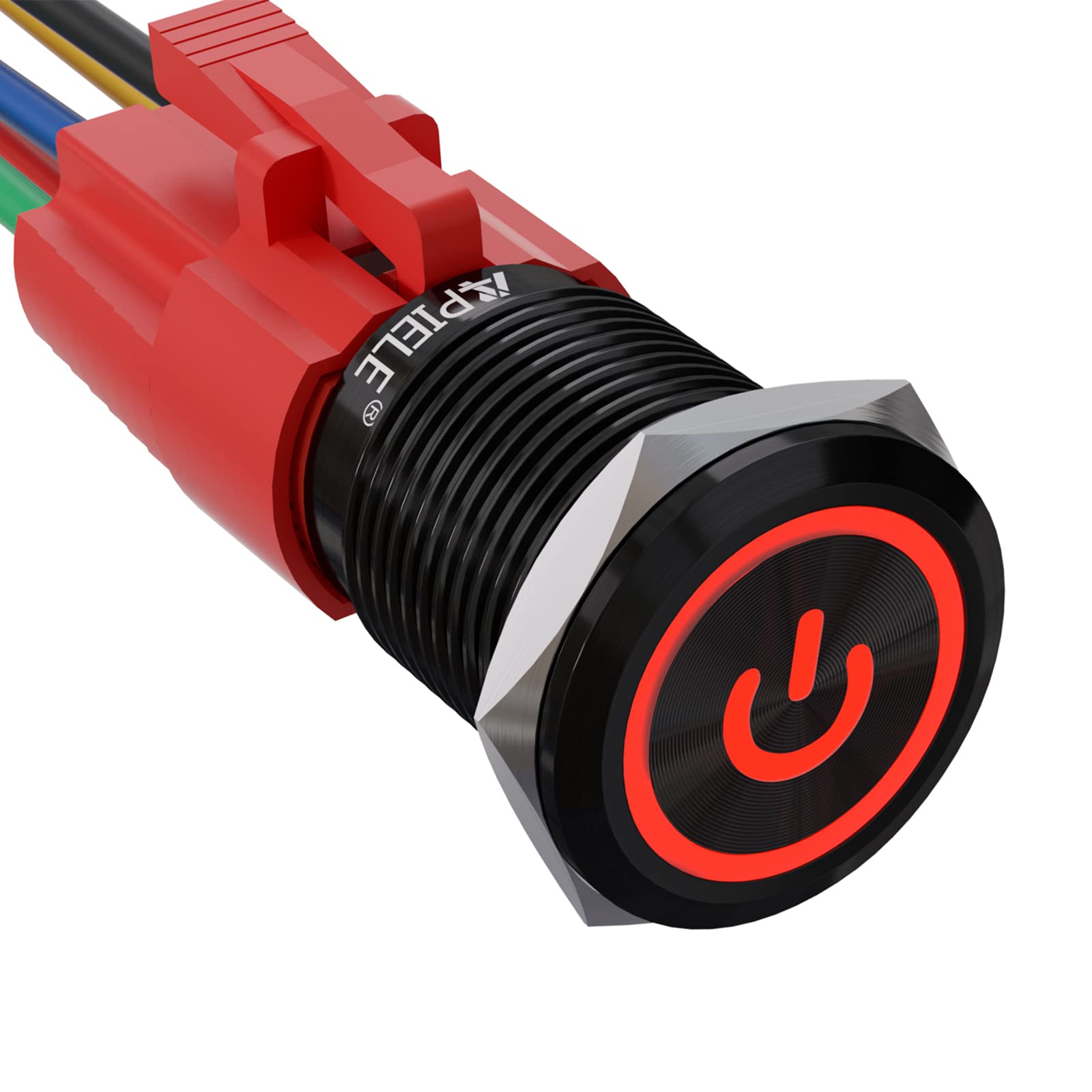 Apiele 16Mm Latching Push Button Switch 0.63'' 12V Power Symbol Ring Led Car Metal With Socket Plug 1No1Nc Spdt On/Off (Red/Blac