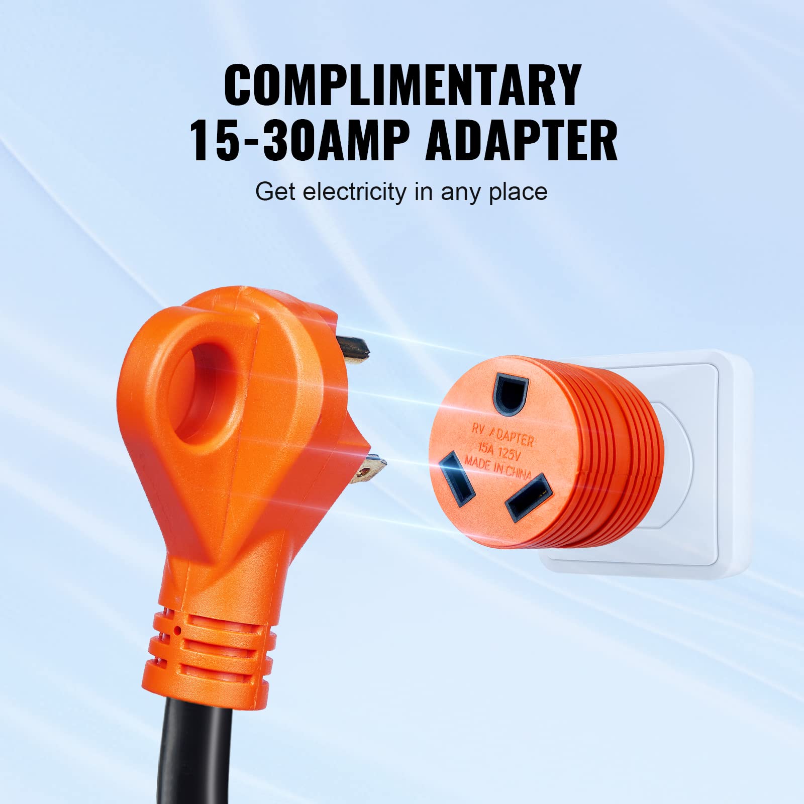 VEVOR 30 Amp RV Extension Cord, 25 ft, Heavy Duty STW 10/3 AWG RV Power Cord, NEMA TT-30R Female NEMA TT-30P Male Plug, for RVs,