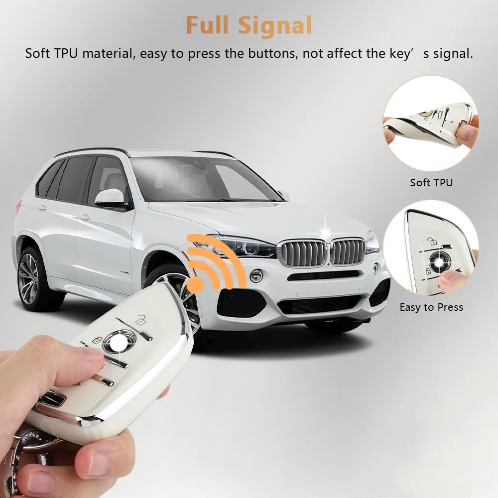 PIFOOG Key Fob Cover for BMW, Premium TPU, 4 Buttons, White and Silver, Model TPU05, Fits BMW X1-X7, M Series Accessories