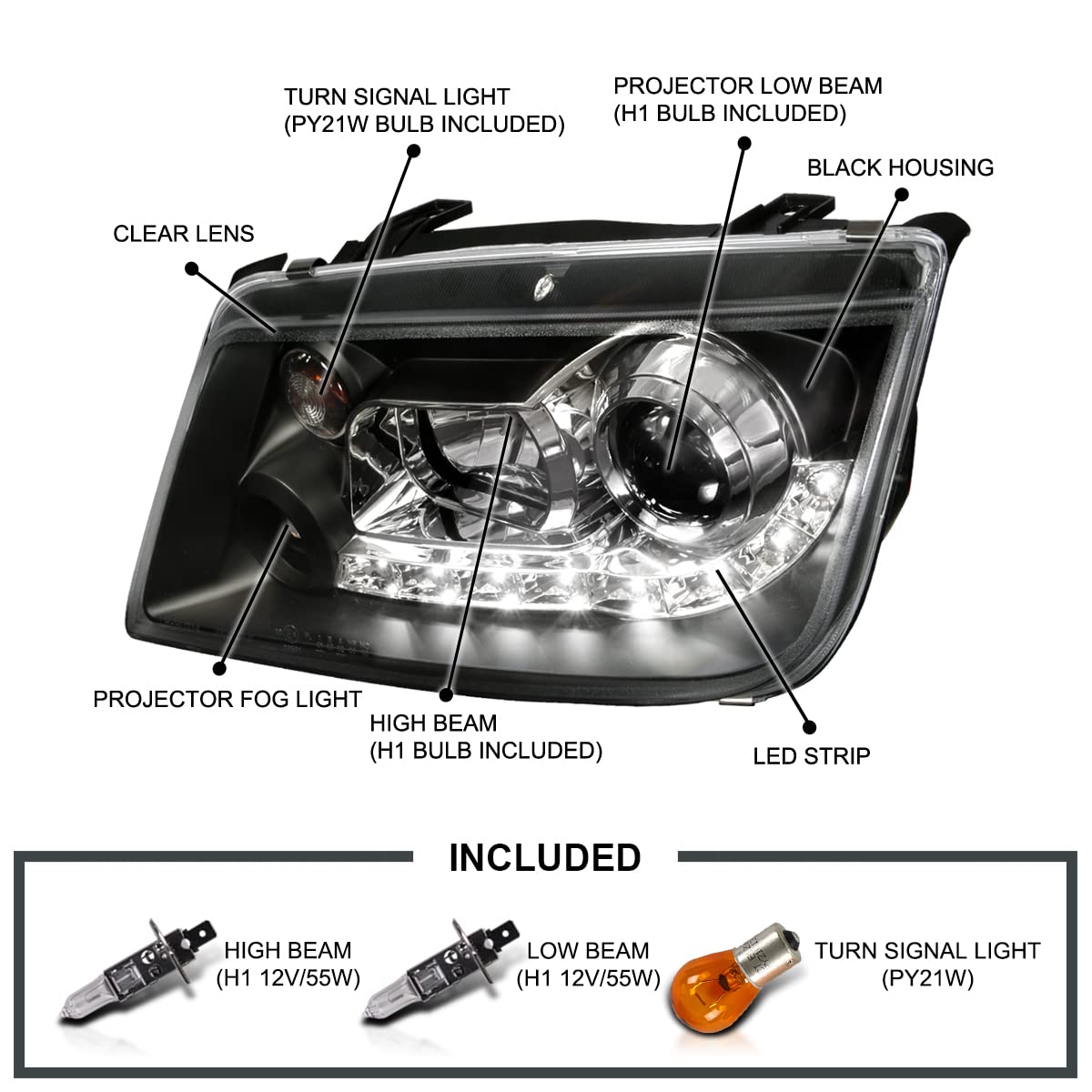 SPEC-D Tuning LED Black Projector Headlights for 1999-2004 Volkswagen Jetta/Bora Mk4 - Left + Right Pair, Clear Lens