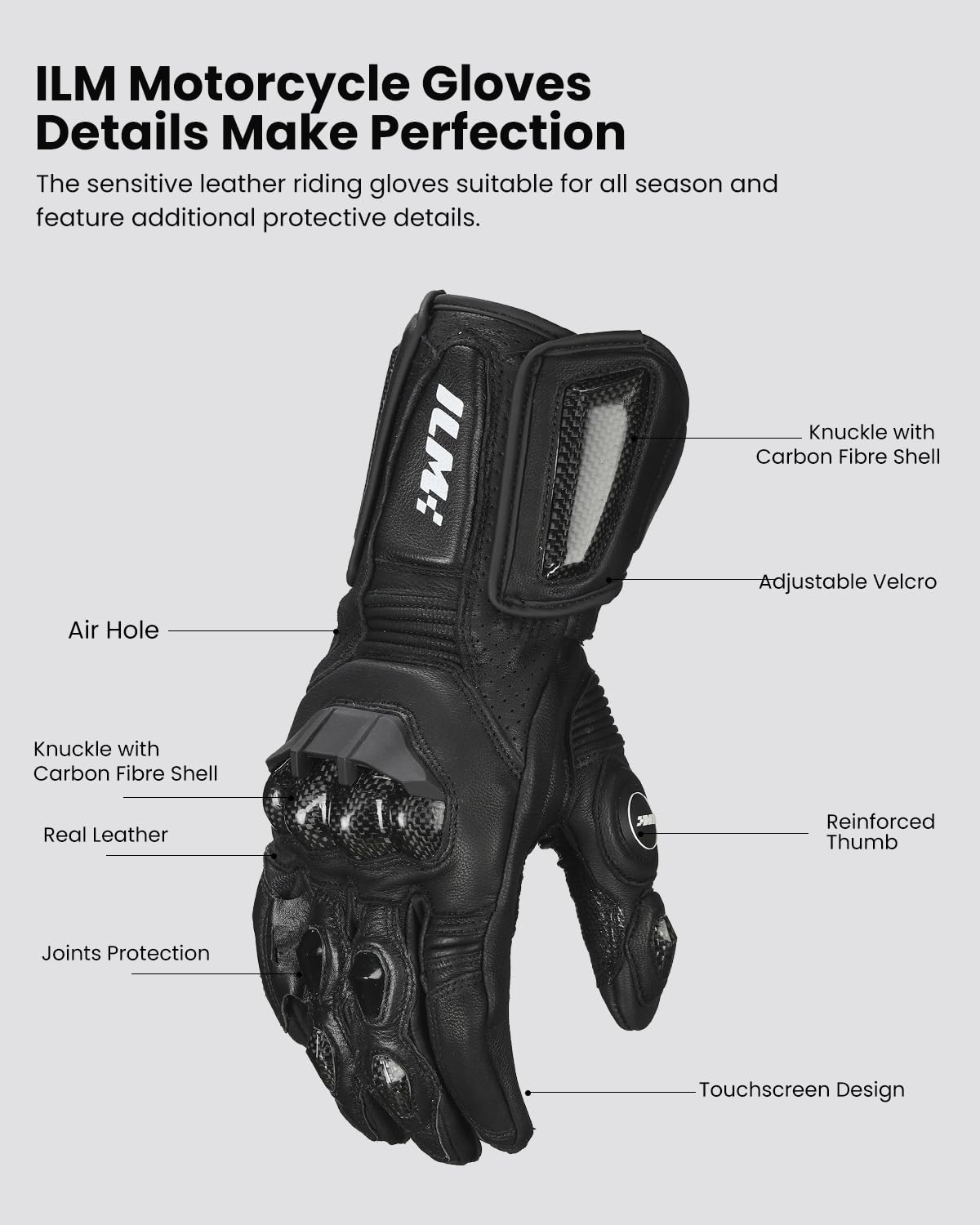 ILM Motorcycle Gloves for Men and Women, Leather, Large, Black-Long, Model GRC01L-B-L