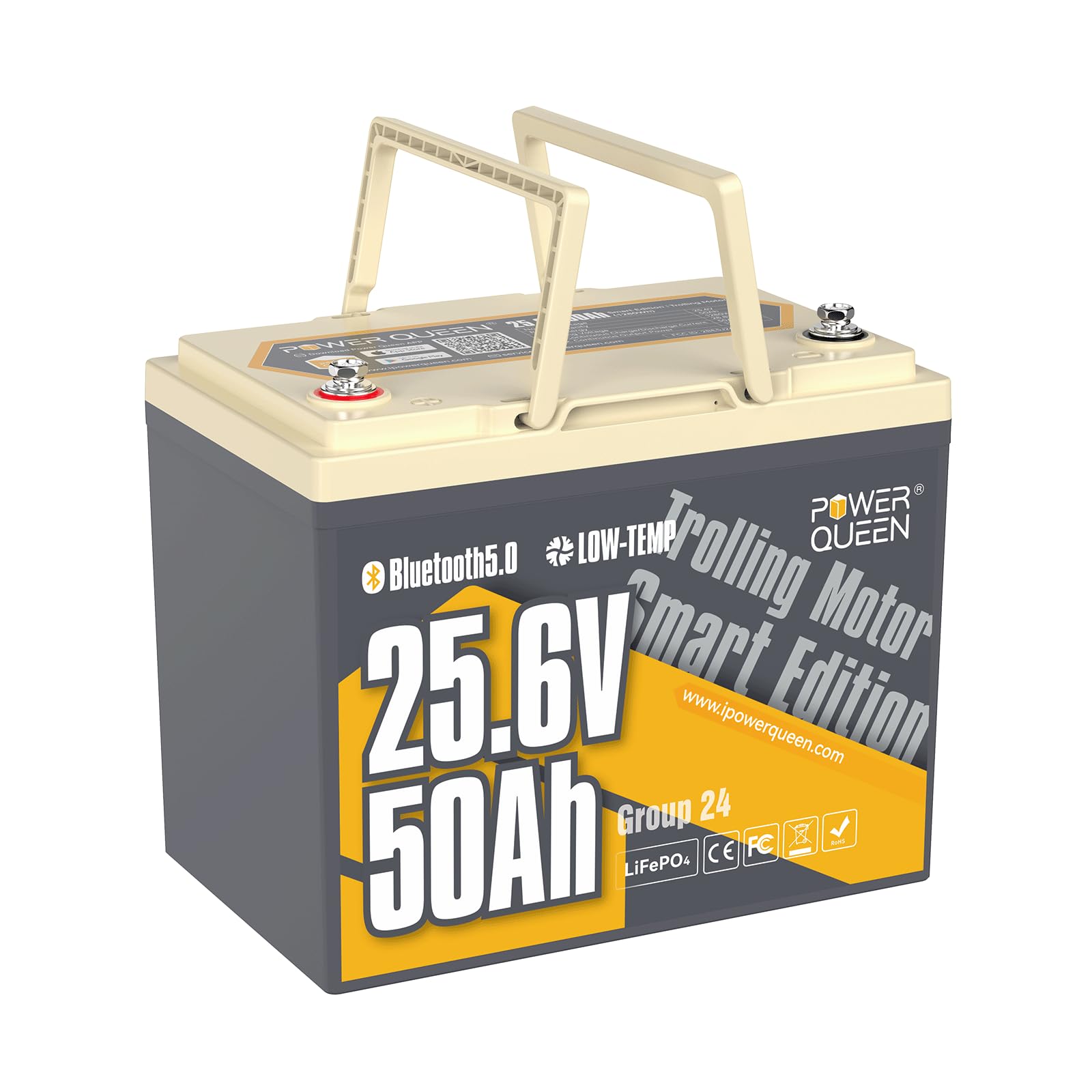 Power Queen LiFePO4 Battery 24V 50Ah with Bluetooth 5.0 Remote Control, Low-temperature Protection, 1280Wh Energy, Deep Cycle Gr