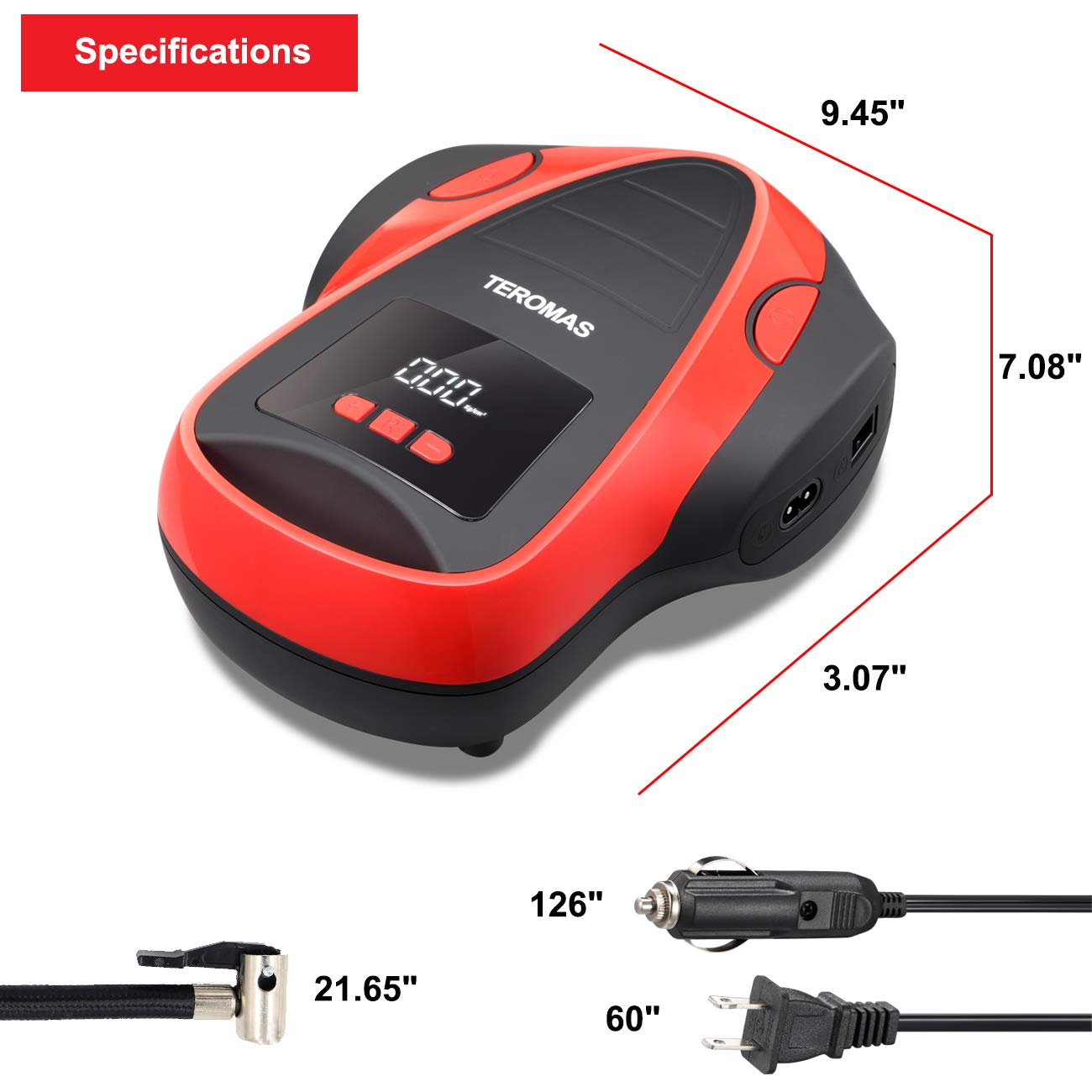 TEROMAS Portable Tire Inflator, 12V DC & 110V AC Air Pump, Digital Pressure Gauge, Red, Model TMS-3015, ABS Material