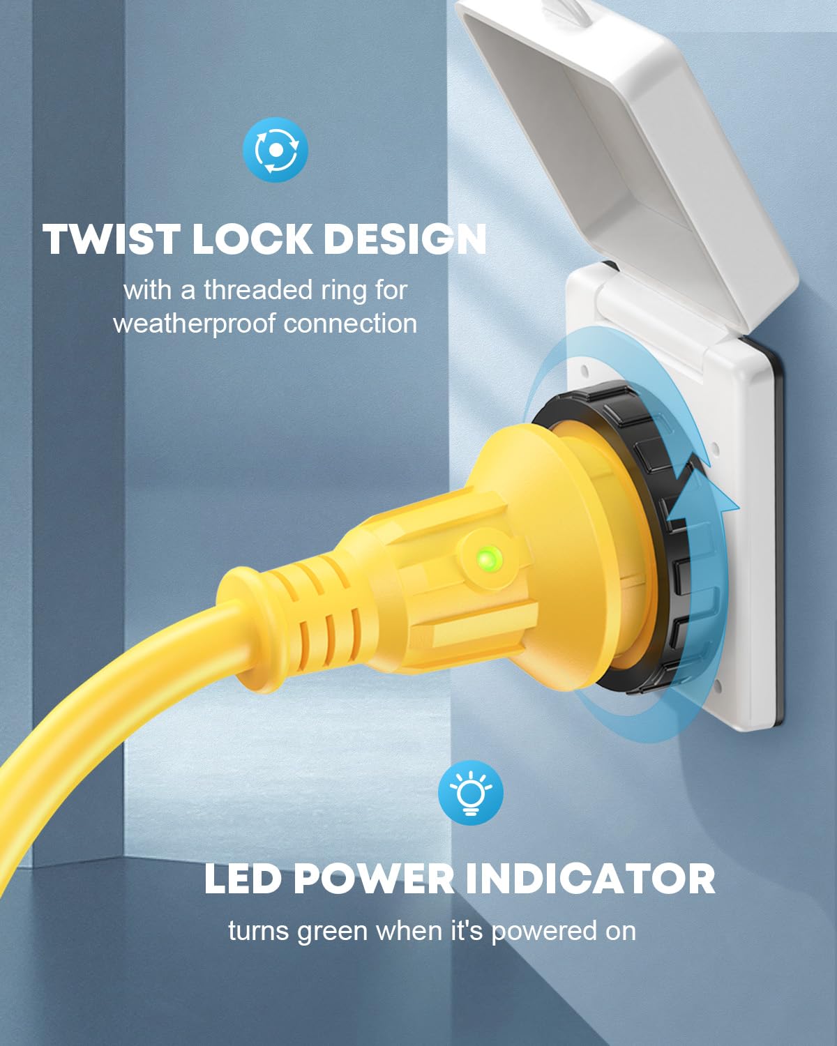 Kohree RV Adapter Plug 30A to 15A 110V, 12" Twist Lock with LED Indicator, Yellow, Model VHY011