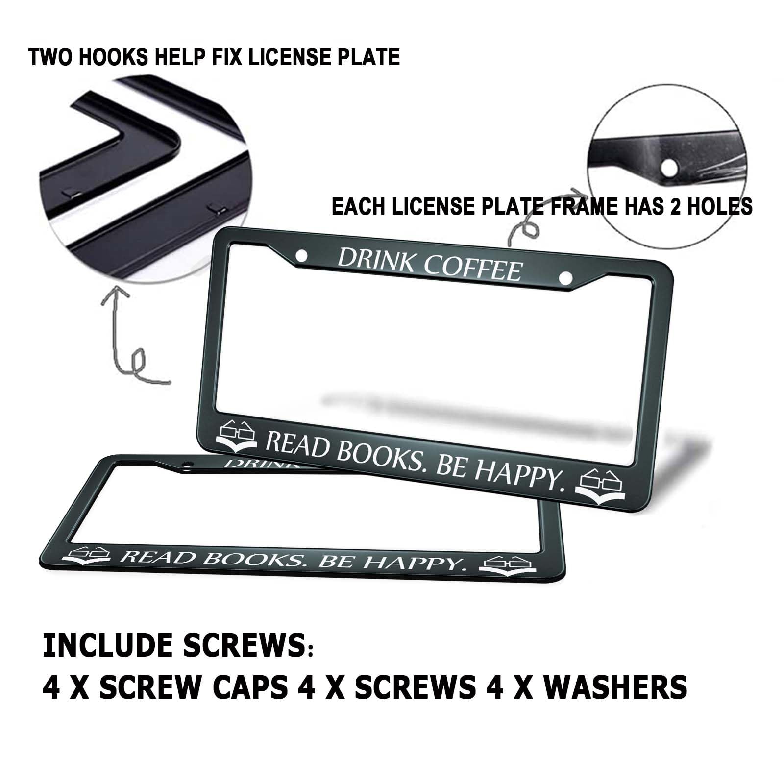 HOSNYE Drink Coffee Read Books Be Happy License Plate Frame Black 2 Pcs Booklover Glasses Frame Metal Cute Licenses Plates Frame