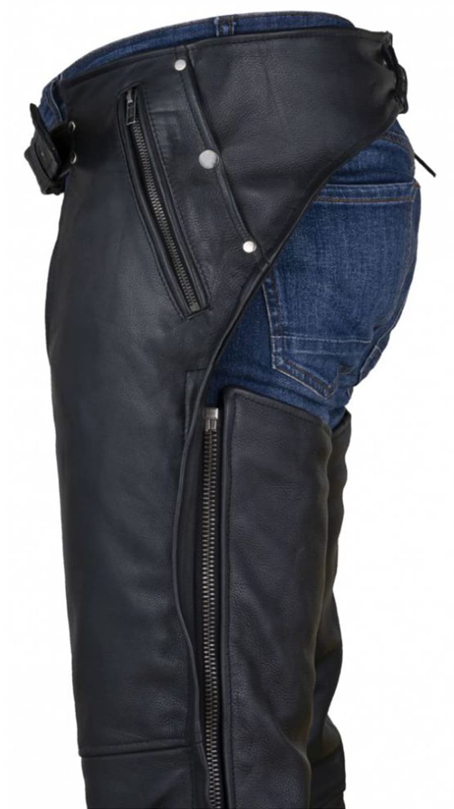 Black Motorcycle Leather Chaps For Men Women Riding With Zip Out Liner, Cowboy Biker Chap Pants With Four Deep Pockets, 3Xl