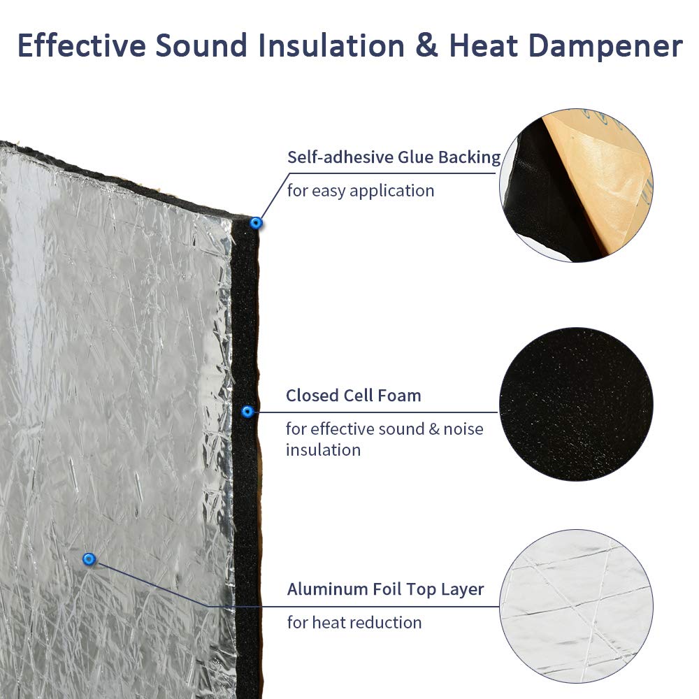 Abahub Car Hood Insulation Pad - 394 mil, 21 sqft, Self-Adhesive PE Foam Sound Deadener, Aluminum, Model: 10mm 1.95㎡ Heat Ins