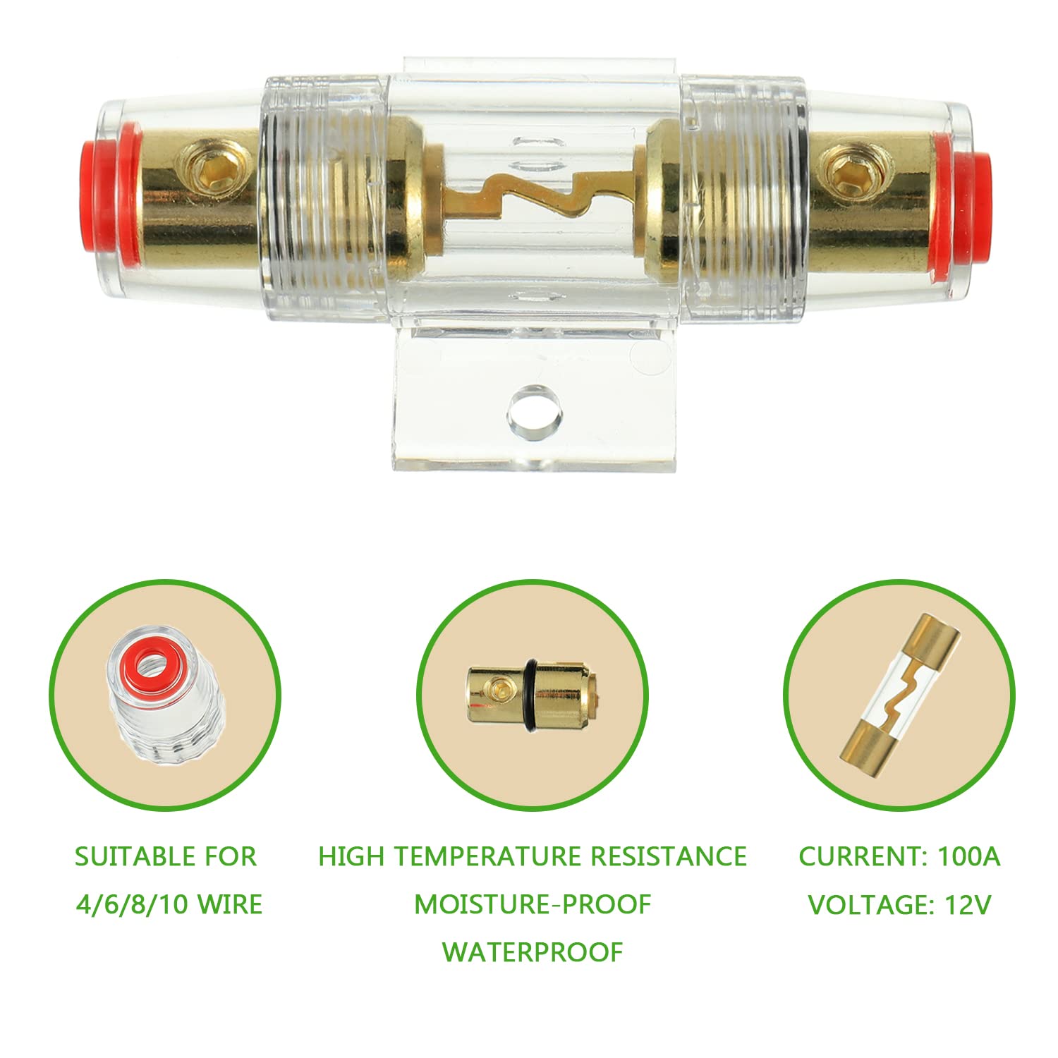SIGANDG In-line Fuse Holder with 100A AGU Fuses for Car Audio, Waterproof, 4-8 Gauge AWG, Plastic, 100 AMP