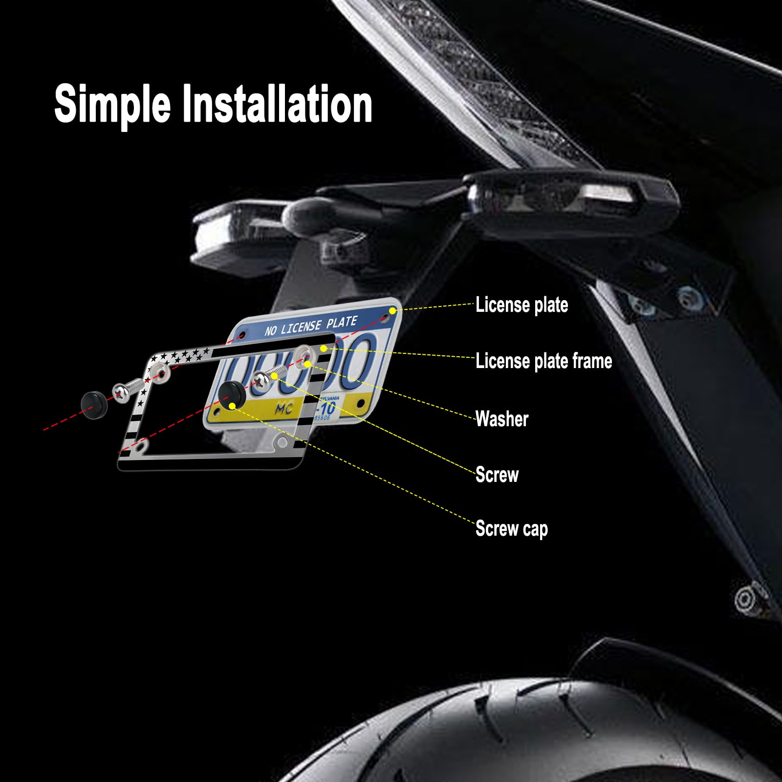 ZXFOOG Motorcycle License Plate Frame American Flag, Stainless Steel Black Tag Holder Bracket with Screws Nuts Caps, 1 Pack for