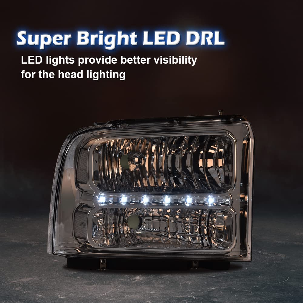 CHEDA LED DRL Headlights Assembly for 2005-2007 Ford F250 F350 F450 F550 - Clear Lens, Chrome Housing, LED Point Clear