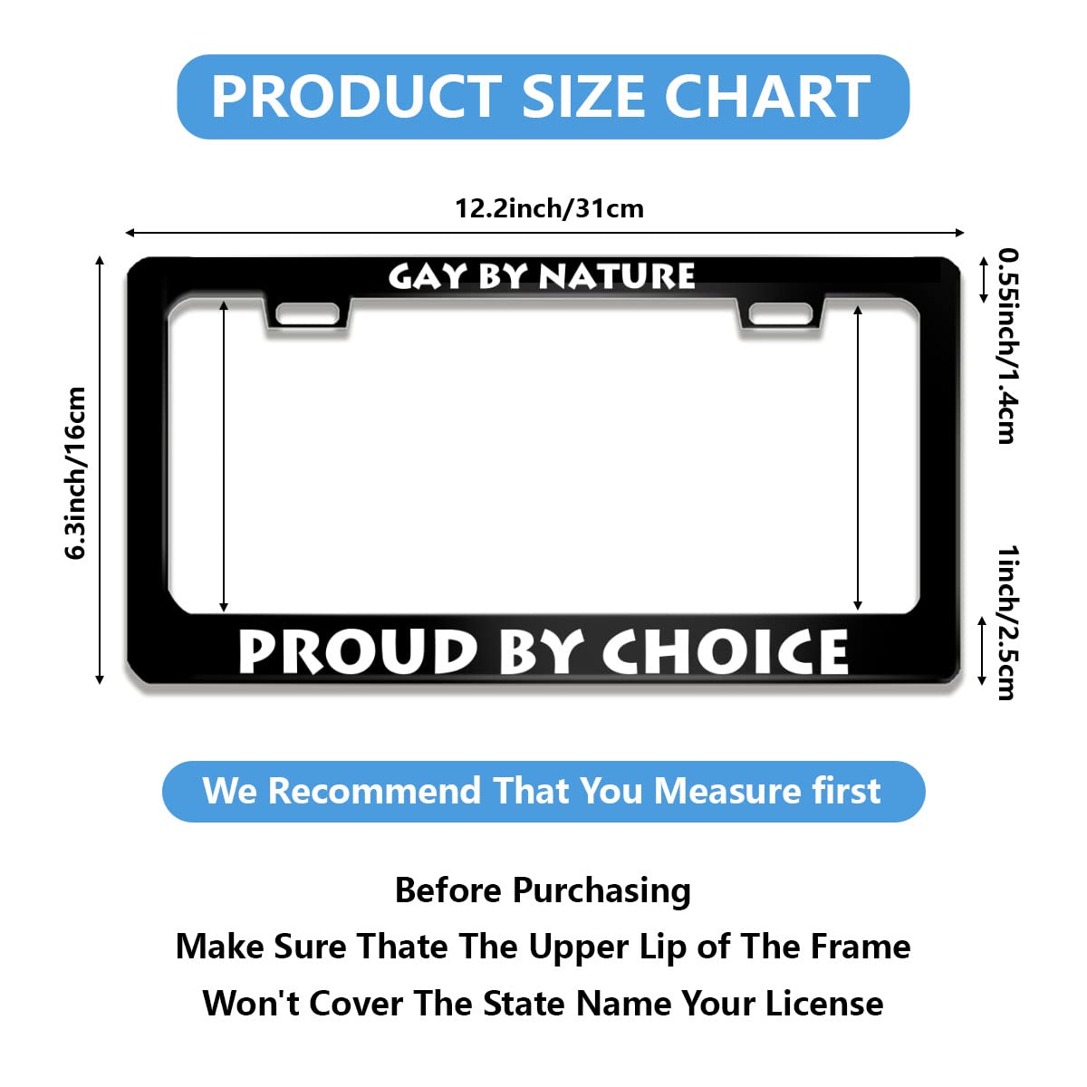 NOCITUN Gay by Nature Proud by Choice License Plate Frame Stainless Steels Funny Black Car Tag Holder Frames with 2 Holes and Sc
