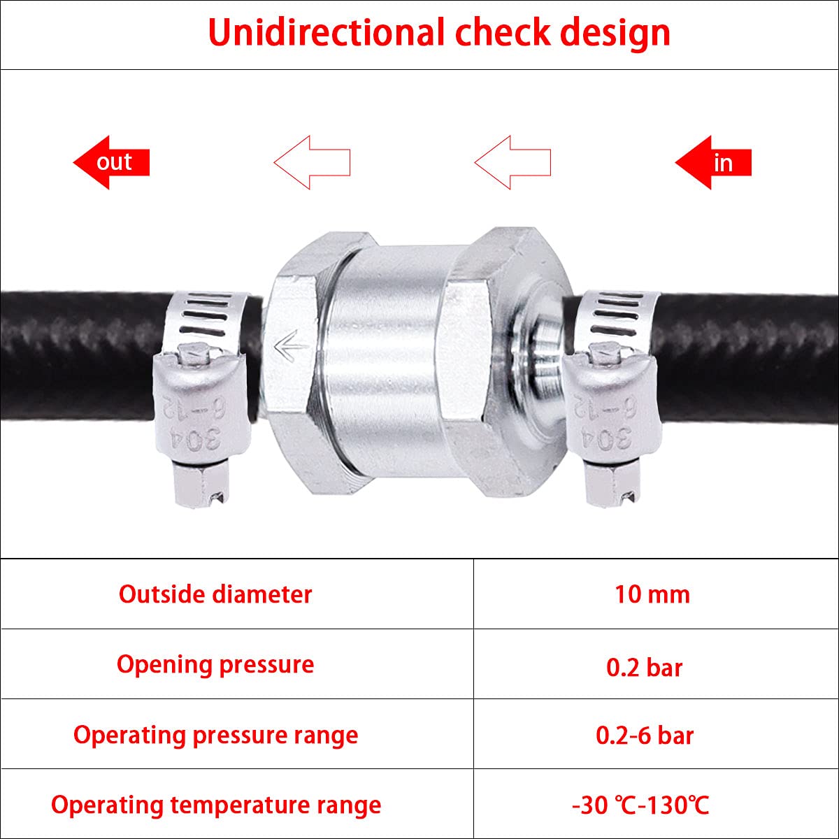 mxuteuk 2Pcs 3/8'' 10mm Aluminium Silver Non Return One Way Check Valve with 4Pcs 6-12mm Universal Adjustable Hose Clamps for Fu