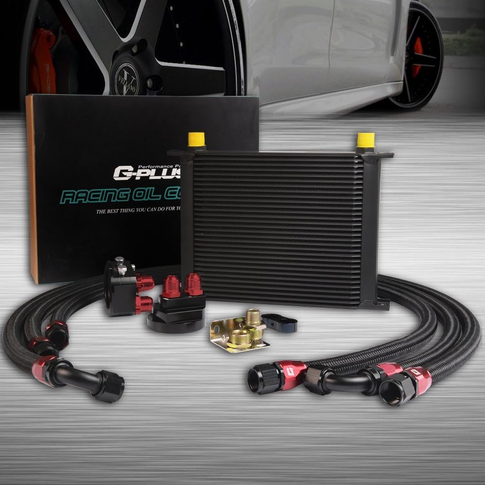 G-PLUS Black Universal 30 Row 10AN-AN10 Engine Transmis Sion Oil Cooler Kit Oil Filter Relocation Kit Aluminum