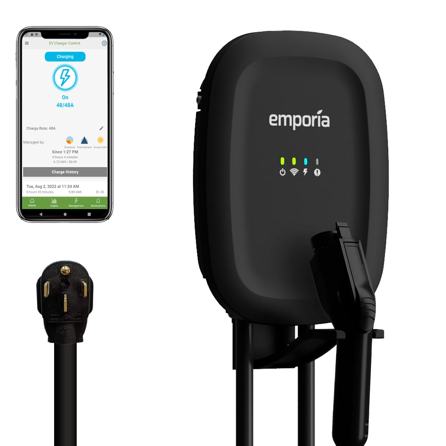 EMPORIA Level 2 EV Charger, 48 Amp, NEMA 14-50, J1772, 240V, WiFi Enabled, 24ft Cable, Black, Model EV001
