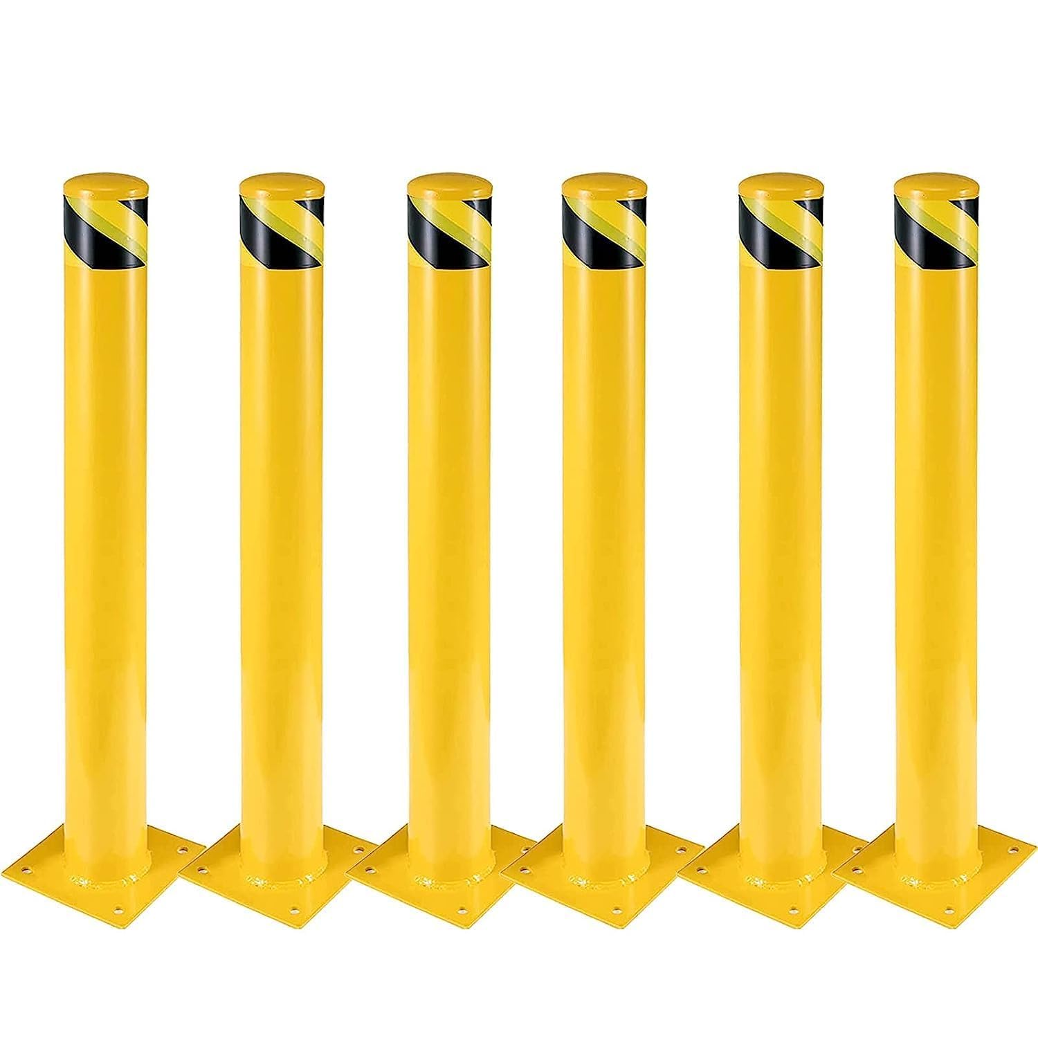 6-Pack 36 Inch Steel Safety Bollards, 4.5 Inch Diameter Parking Bollard Post with 24 Anchor Bolts, Yellow Safety Steel Bollard P