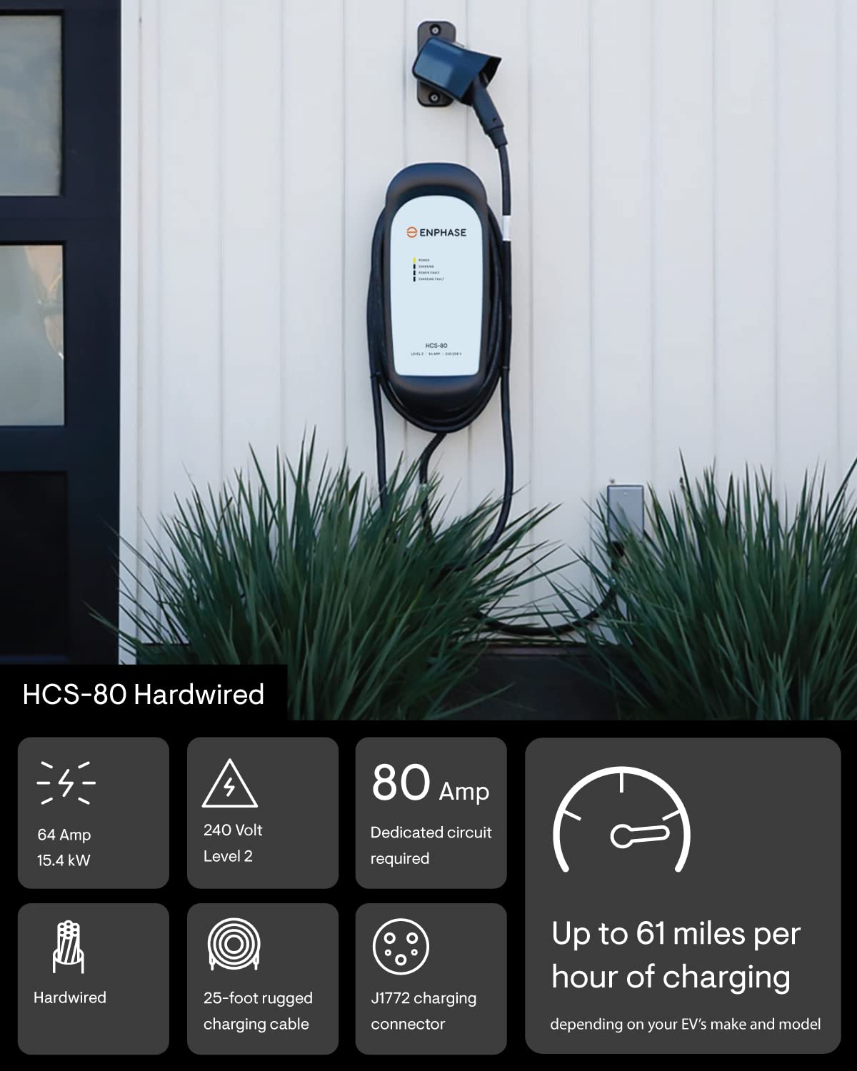 64 Amp Ev Charger, Enphase Hcs-80, Hardwired, 240V, 15.4Kw Power, Safety Certified, 5-Year Warranty, 25 Ft Cable, J1772 Ruggediz
