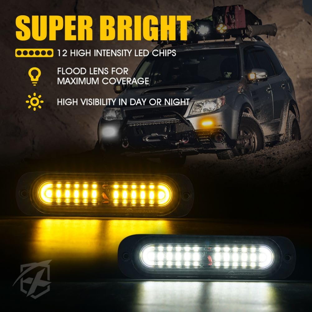 Xprite Amber/White Led Surface Mount Strobe Lights Kit, Grill Grille Side Marker Light Flashing Emergency Warning Light Assembli