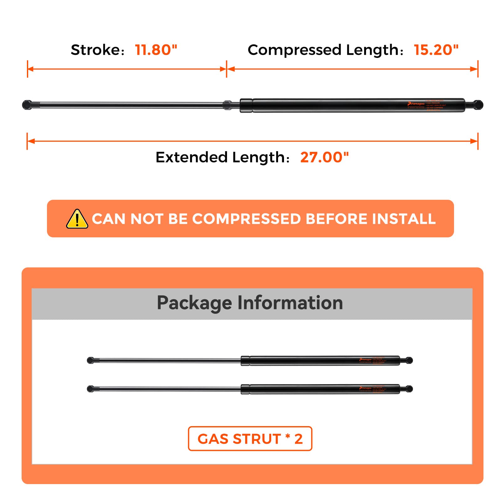 Pamagoo St270M100 27 Inch Gas Strut 100 Lbs 445 N Per Shock, 27'' Gas Spring Prop Lift For Trailer Hatch Door Truck Undercover T