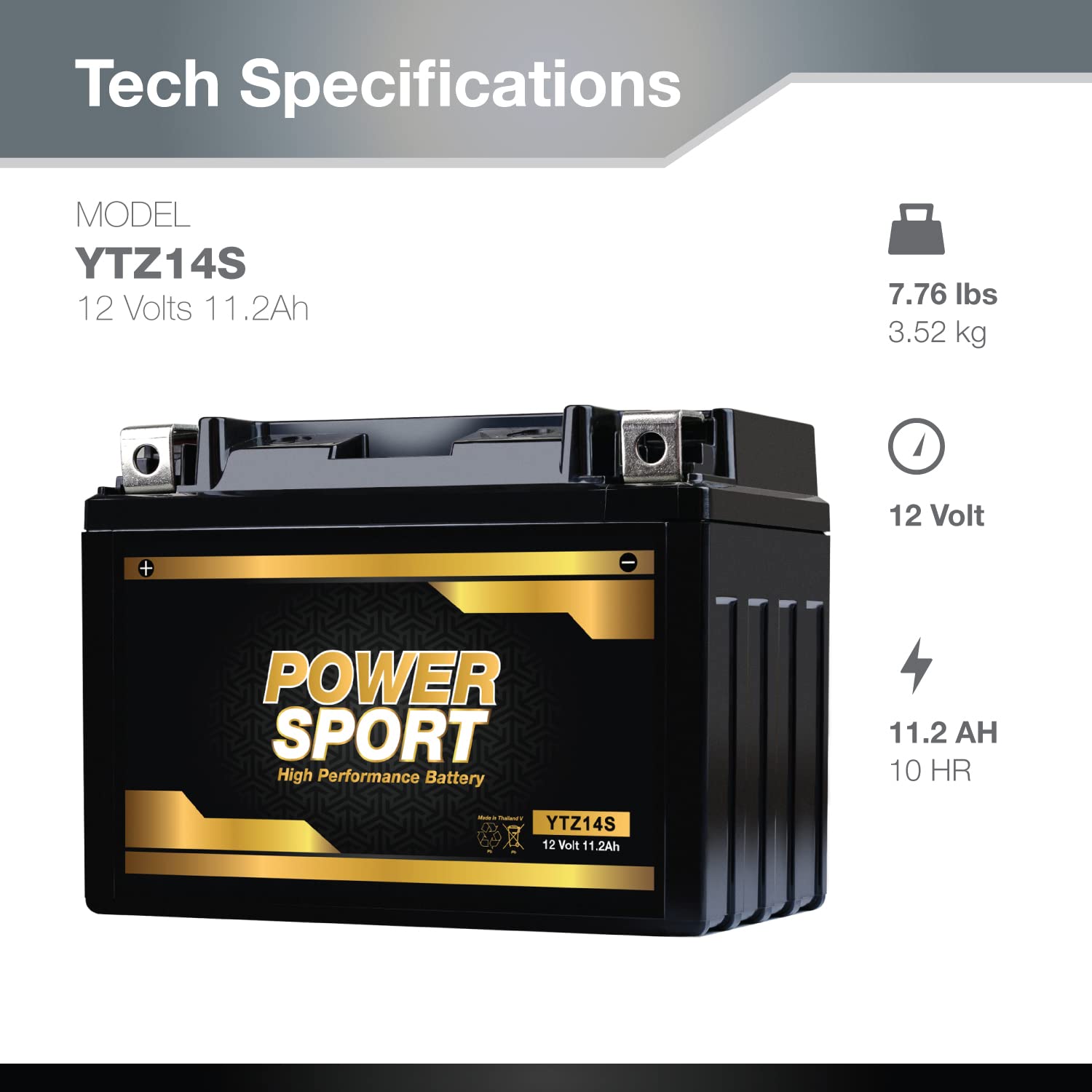 ExpertPower YTZ14S 12V AGM Motorcycle Battery - 11.2Ah, 230CCA, Maintenance-Free, Nut & Bolt Terminals