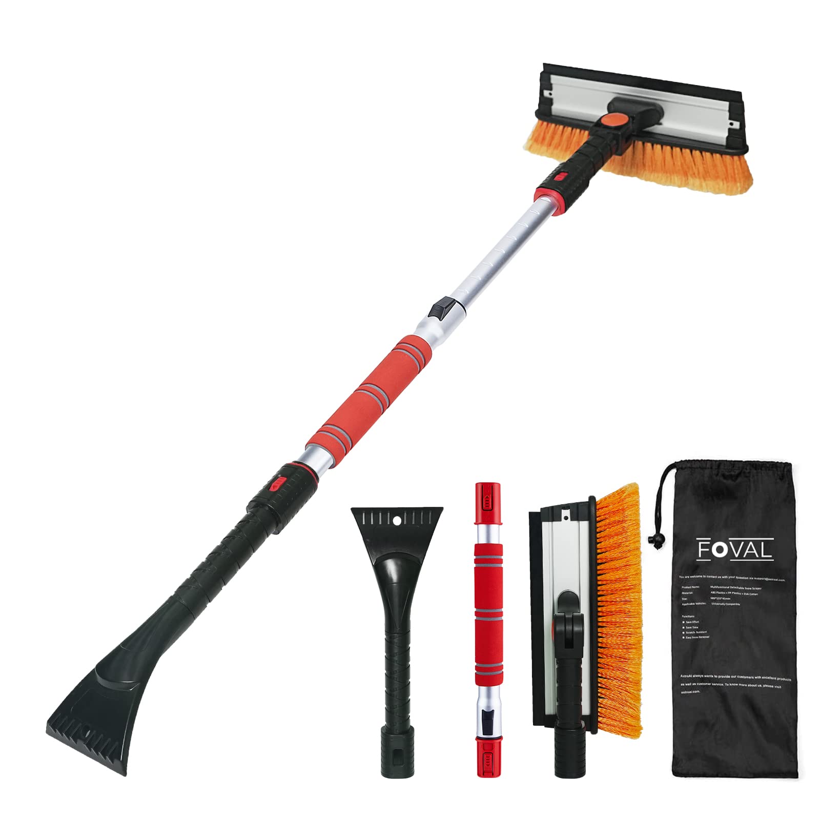 Foval 47.2 '' Extendable Ice Scraper Snow Brush With Squeegee For Windshield Window Car Trucks Suvs, 270 Pivoting Brush Head, Es