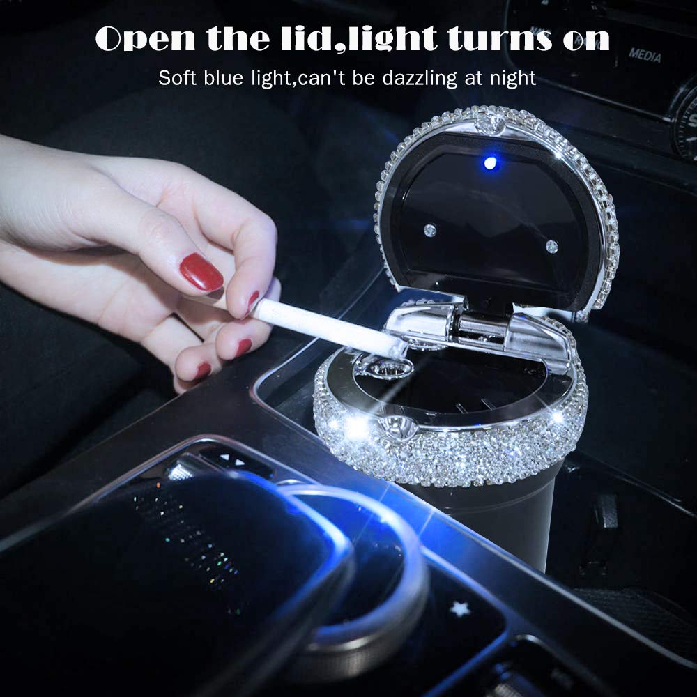 Eing Car Ashtray Portable Bling Cigarette Smokeless Cylinder Cup Holder With Blue Led Light Indicator,Car Accessories For Women,