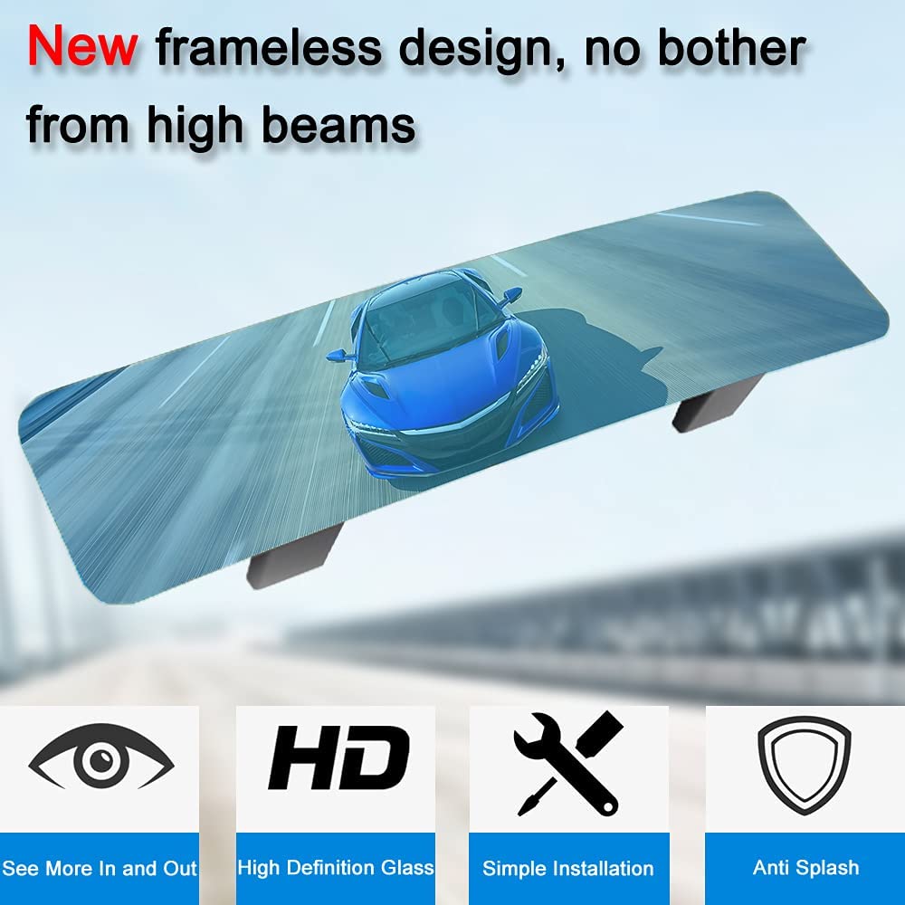 (Upgrade) Skycrophd Anti Glare Rear View Mirror Frameless Car Interior Rearview Mirror Panoramic Wide Angle To Eliminate Blind Spots - Convex,11.8In (Blue)