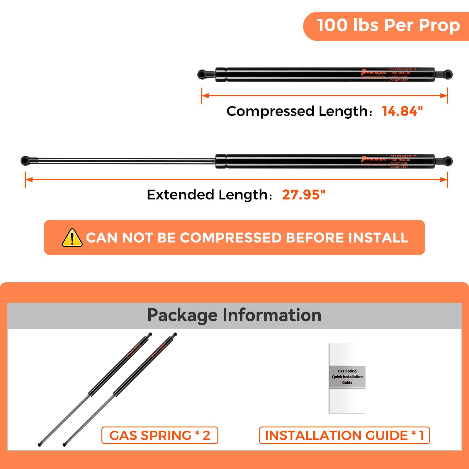 Pamagoo St280M100 28 Inch Gas Strut 100 Lbs 445 N Per Shock, 2 Pack C16-14352 28'' Spring Prop Heavy Duty Lid Lift For Undercove