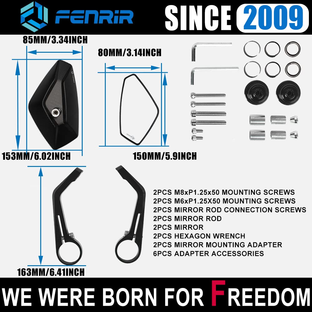 FENRIR CNC Aluminum Motorcycle Handlebar Mirror, Anti-vibration, Black, 7/8" (22MM), Model 801-0500, Large Field of View for Bikes