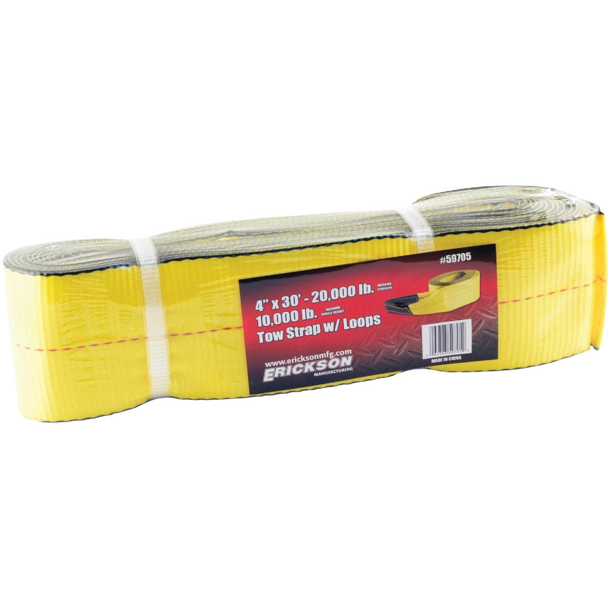 ERICKSON MANUFACTURING - 4'' x 30' 20,000 lb Tow Strap Yellow w/Black Wear Material in Pull Loops, Bulk (59705)