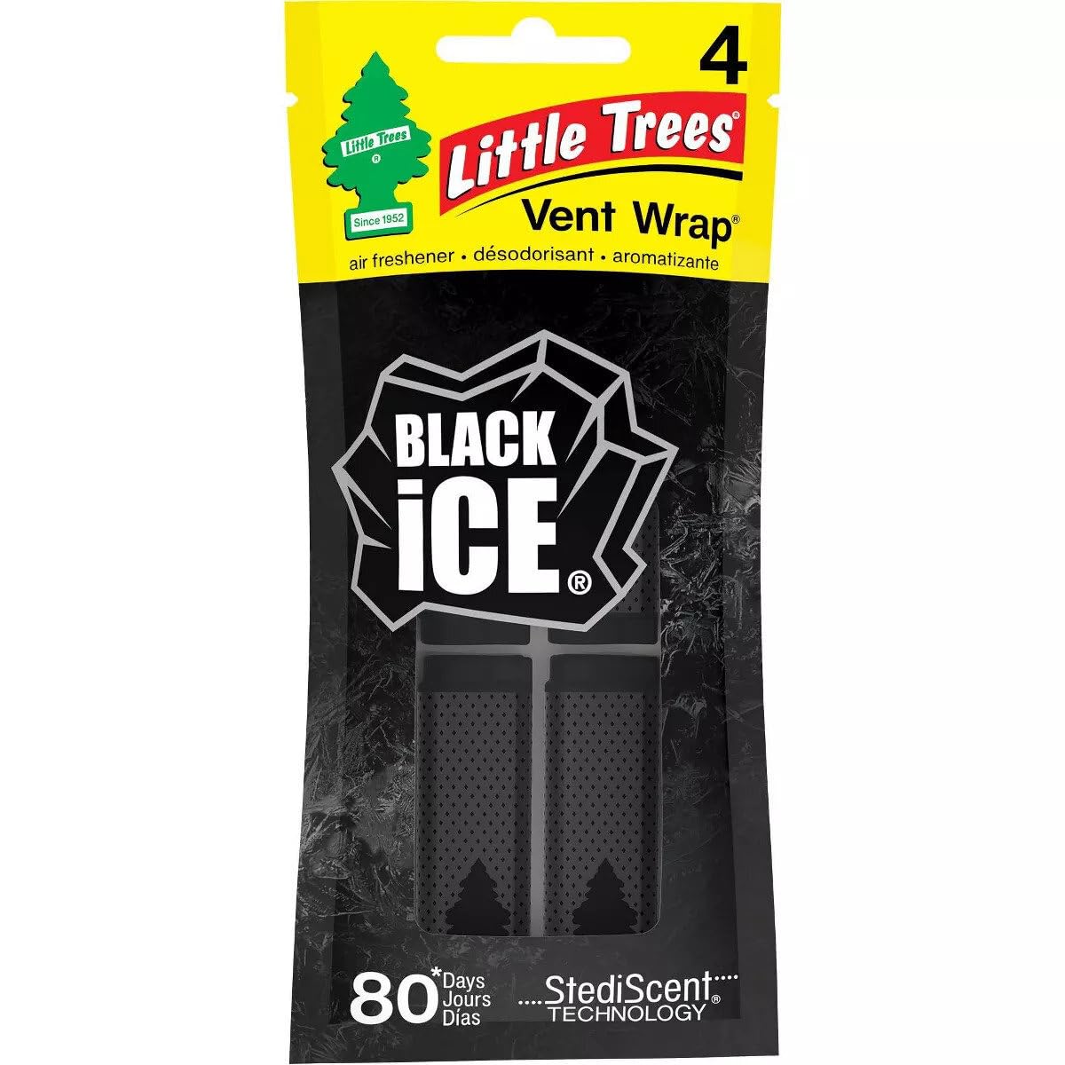 LITTLE TREES Car Air Freshener | Vent Wrap Provides Long-Lasting Scent, Slip on Vent Blade | Black Ice, 4 Packs (4 Count)