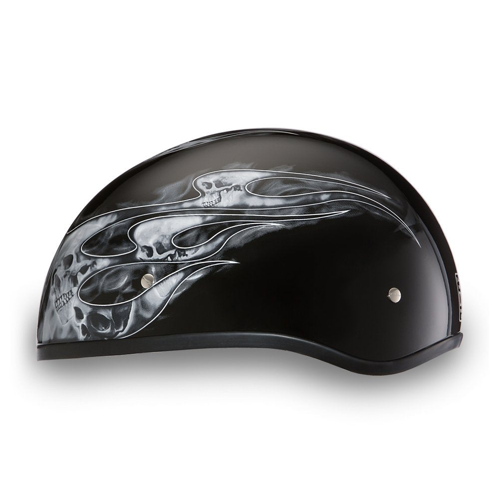 Daytona Helmets Motorcycle Half Helmet Skull Cap- Skull Flames Silver 100% Dot Approved