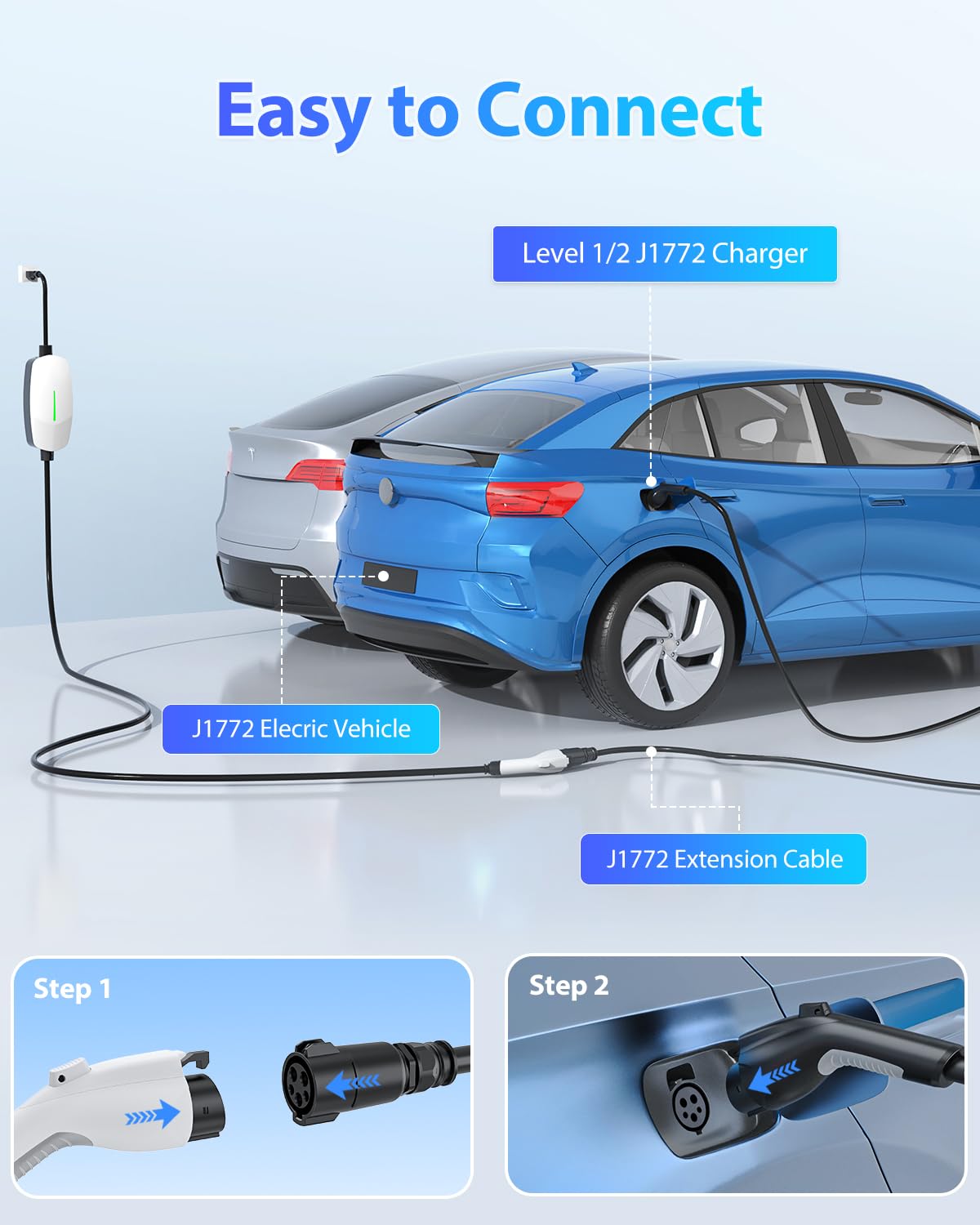 EVDANCE EV Charger Extension Cable - 50A 21FT J1772 Charging Cord for Electric Vehicles, Compatible with SAE J1772 Chargers