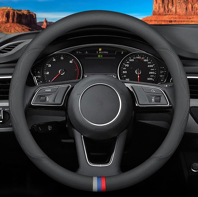 Custom-Fit For Bmw Steering Wheel Cover, Premium Leather Car Steering Wheel Cover With Logo, Non-Slip, Breathable, For B-Mw Acce