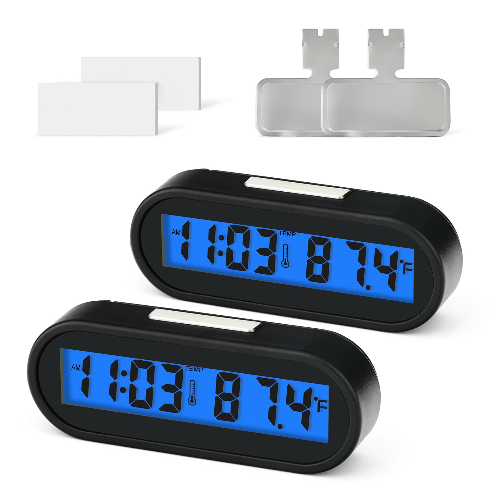 MEANLIN MEASURE 2PCS Car Clocks with Temperature, Fahrenheit LED Backlight 2 in 1, Vehicle Adhesive Digital Dashboard Clock, Sma