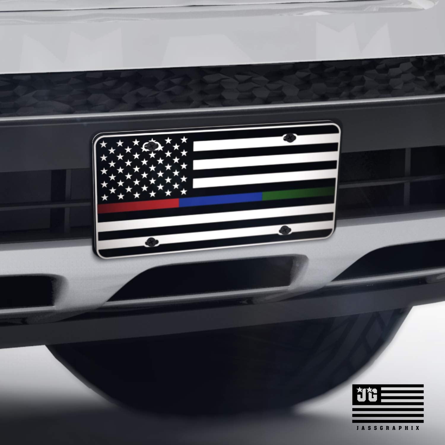 Jass Graphix Thin Blue Line Thin Red Line Thin Green Line American Flag License Plate Matte Black On 1/8 White Aluminum Composite Heavy Duty Tactical Patriot Usa Car Tag