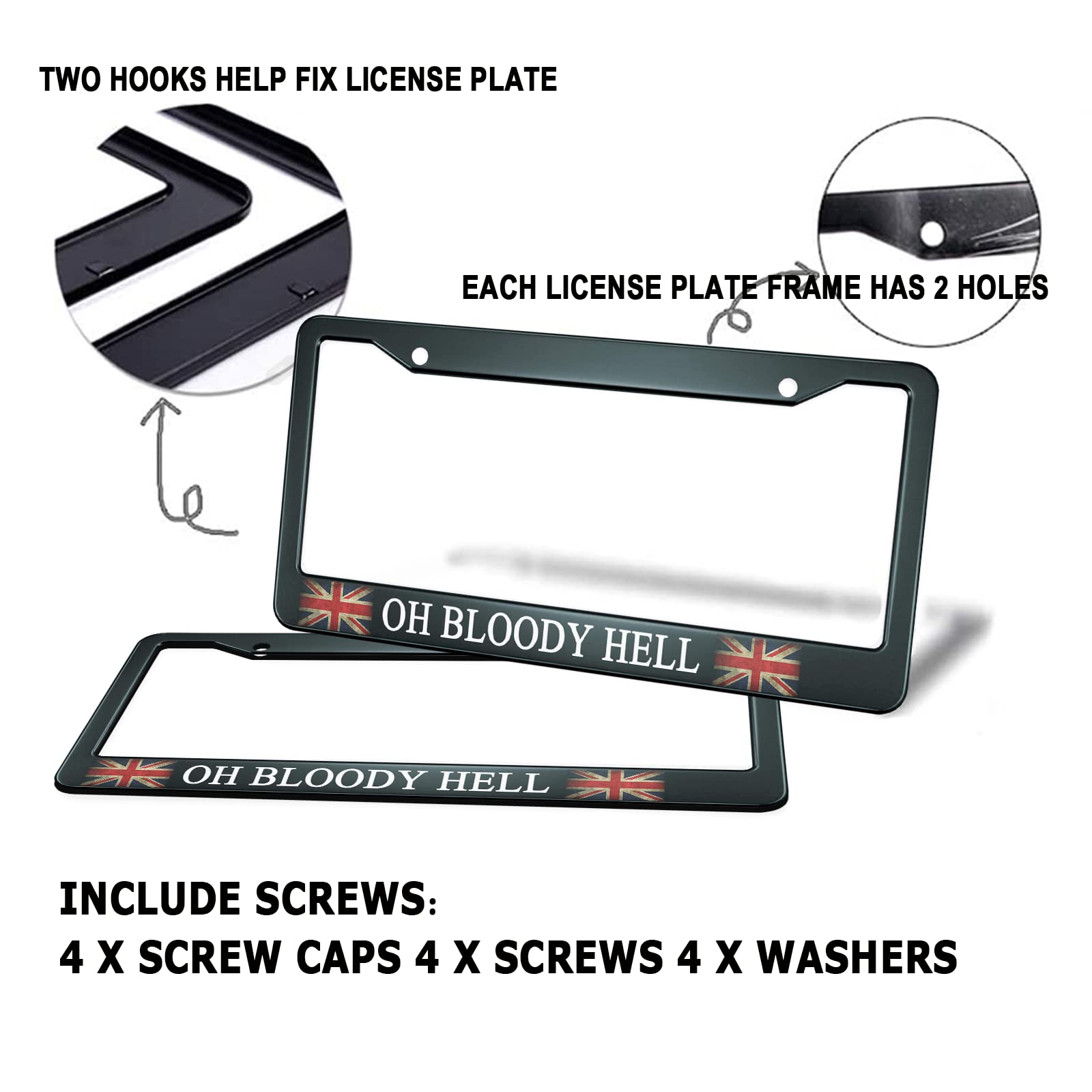 HOSNYE Oh Bloody Hell License Plate Frame Black 2 Pcs Old British England Flag Metal Cute Licenses Plates Frames Licenses Plate