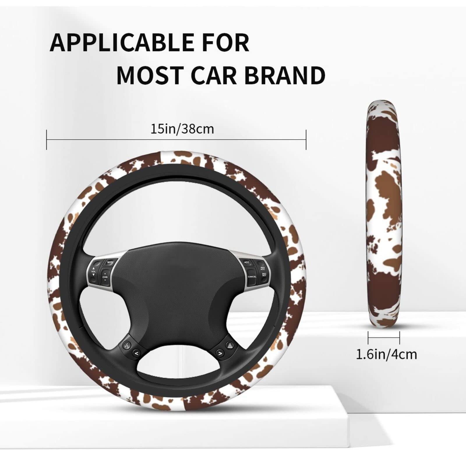 Sanghing Neoprene Steering Wheel Cover, 15" Anti-Slip, Brown Cow Print, Universal Fit for Cars, Trucks, SUVs