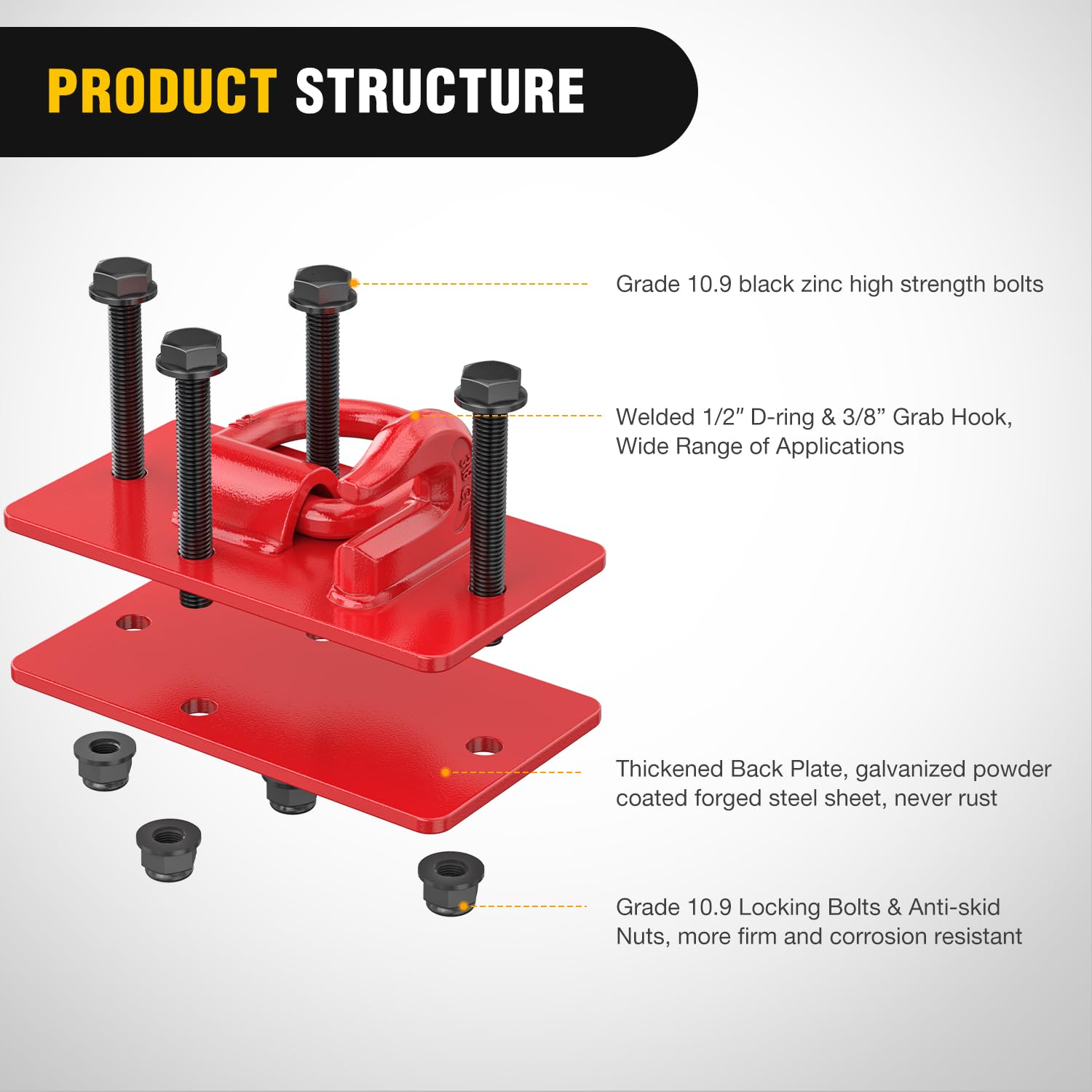 Nilight 2Pcs Tractor Bucket Hooks With Tie Down Ring, Grade 70 Grade Forged Steel Bolt-On Grab Hook With Back Plates For Tractor Bucket Rv Utv Truck Mbs 15000 Lbs, Red, 2 Years Warranty