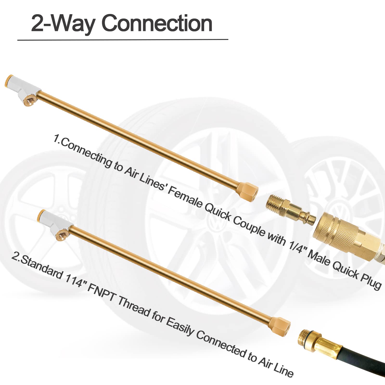 Godeson Air Chuck For Semi Truck, 1/4'' Fnpt 11.8'' Extended Reach Dual Head Brass Air Chuck With Brass Quick Plug, 2-Way Connec