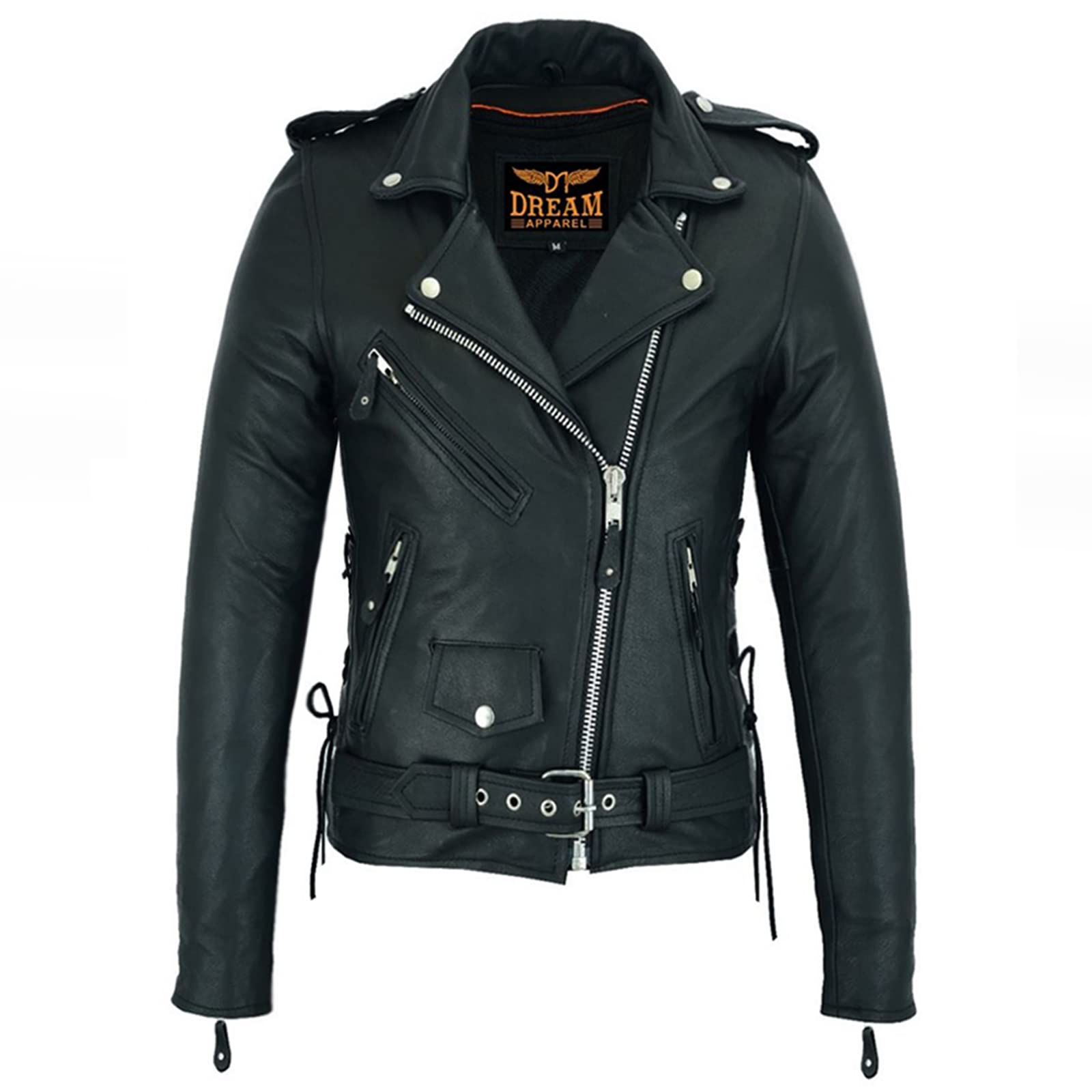 Dream Apparel Women’S Classic Leather Motorcycle Jacket With Zip Out Lining, Biker Jacket For Ladies With Side Laces (Black, Size 2Xl)