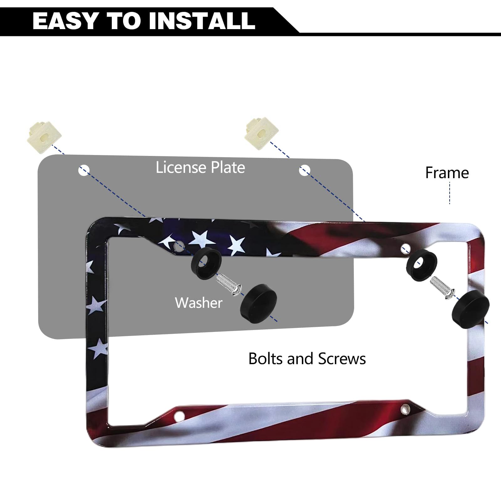American Flag License Plate Frame Holder - 2 Pack Universal Aluminum Matte Stripe Us Flag Gloss Patriotic Car Plate Frame Covers