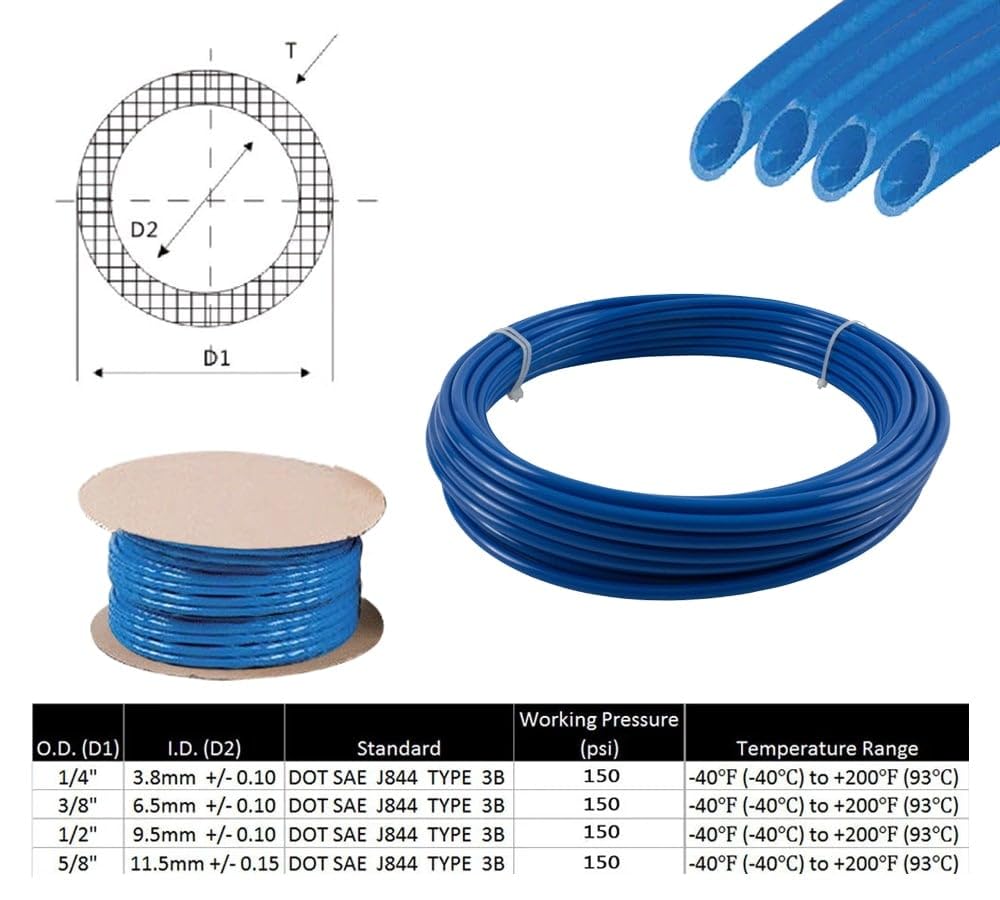 Mytee Products 1/4'' Od X 100' Blue Sae J844 Nylon Air Brake Tubing Dot Approved | Pneumatic Nylon Air Line Hose For Air Brake S