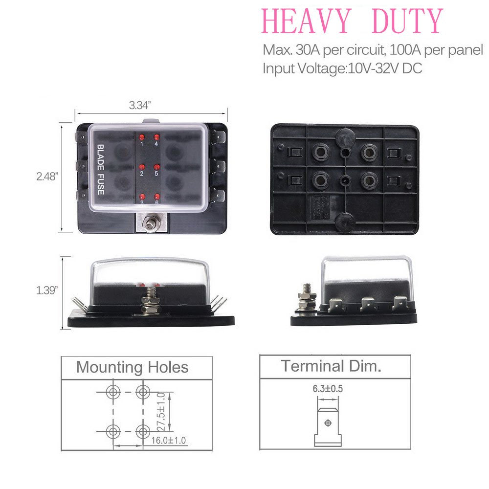 6-Way Rv Fuse Block Blade Fuse Box Dc12~32V 12V Junction Box Jtron Led Indicator Fuse Block For Blown Fuse Protection Cover 100