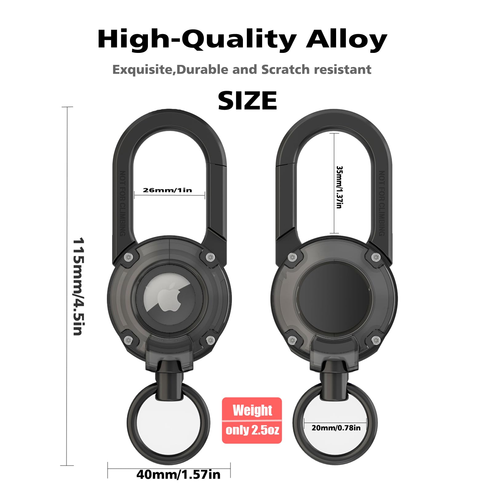 Eupterosaur Heavy Duty Carabiner Keychain with AirTag Holder, Aluminum, Black, 1 Pack